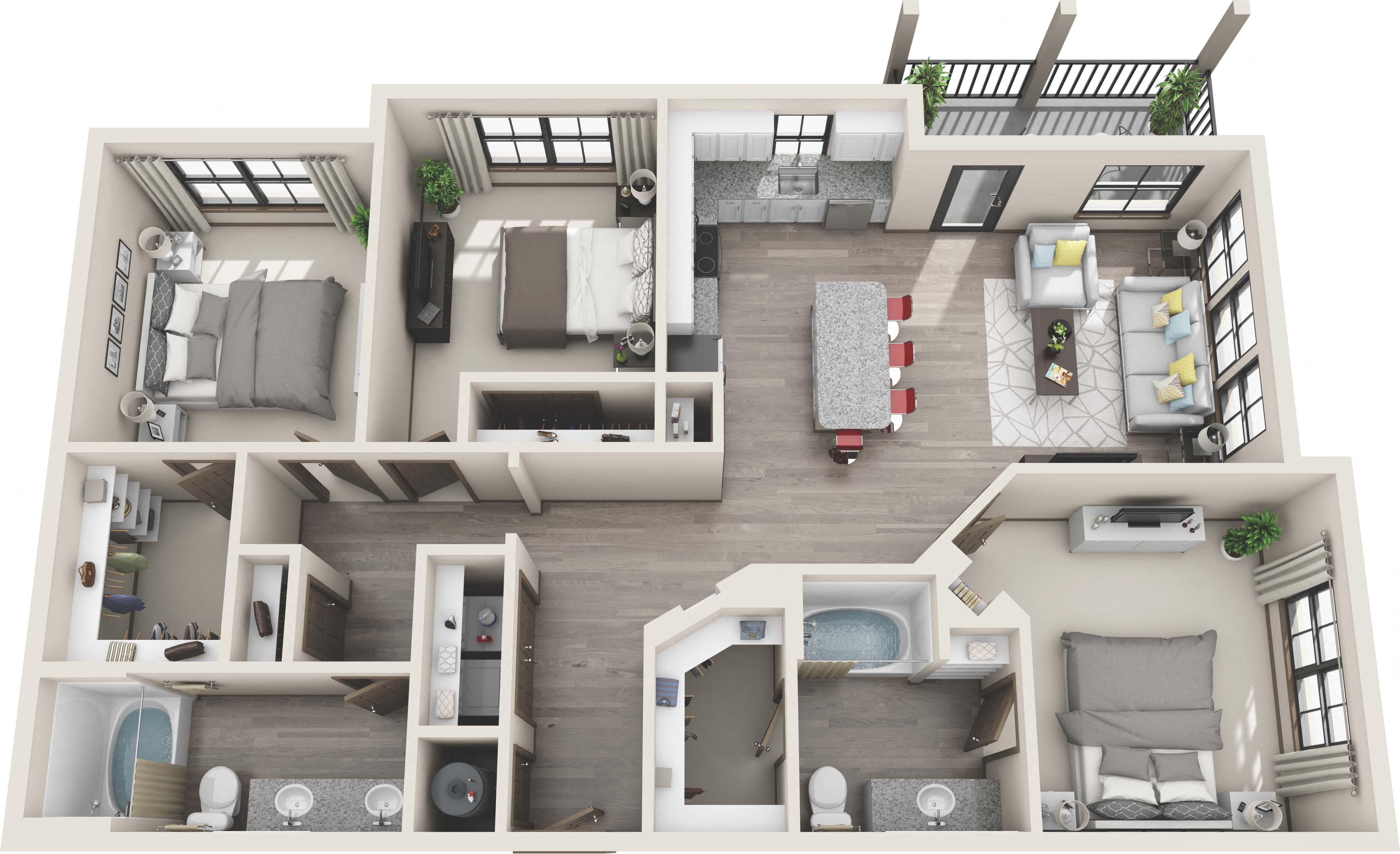 Floor plan for 3 beds, 2 baths, 1378 sqft